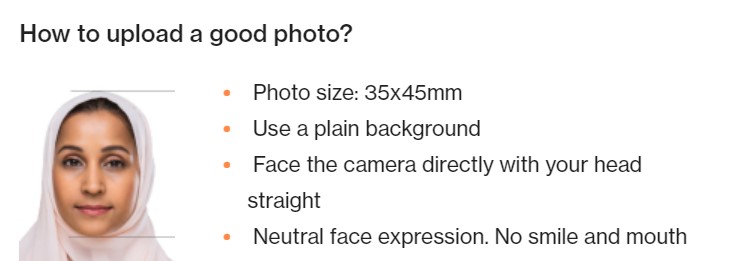 沙烏地阿拉伯簽證照片基本規範,可以因宗教原因戴頭巾,但整體五官人須清楚露出。